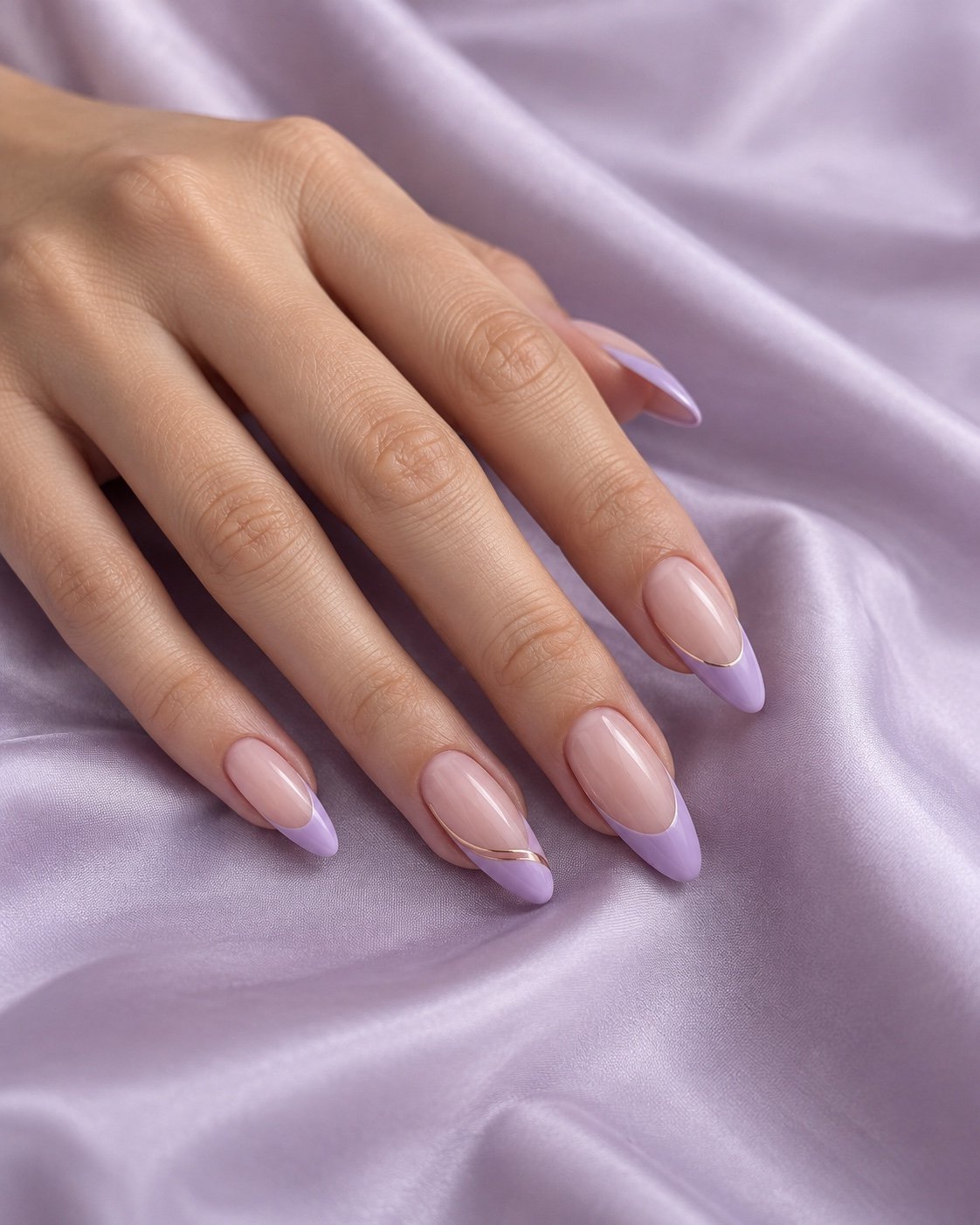 Long almond nails with lavender French tips and fine gold accents