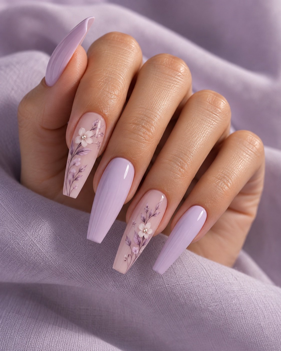 Long lilac coffin nails with delicate white floral nail art